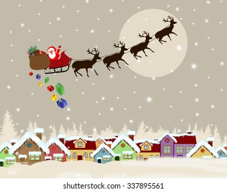 Santa Claus on sledge with Magic Deers flying over country side and delivering his christmas gifts