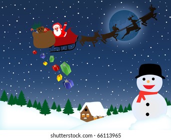 Santa Claus on sledge with Magic Deers flying over night winter and delivering his christmas gifts