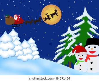 Santa Claus on sledge with Magic Deers flying over night winter, vector illustration background