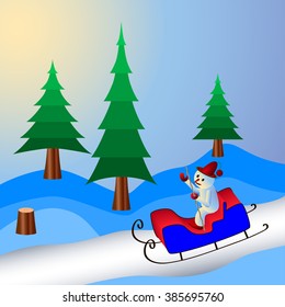 Santa Claus on sledge send greetings.