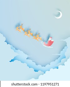Santa claus on the sleigh with beautiful sky in paper art and pastel schenme