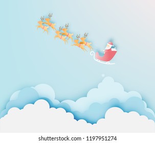 Santa claus on the sleigh with beautiful sky in paper art and pastel schenme