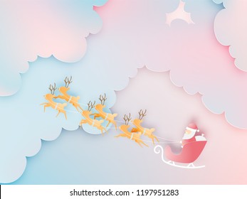 Santa claus on the sleigh with beautiful sky in paper art and pastel schenme