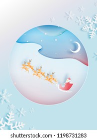 Santa claus on the sleigh with beautiful sky in paper art and pastel schenme