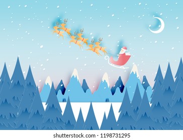 Santa claus on the sleigh with beautiful sky in paper art and pastel schenme