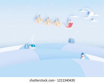 Santa claus on the sleigh with beautiful sky in paper art and pastel schenme