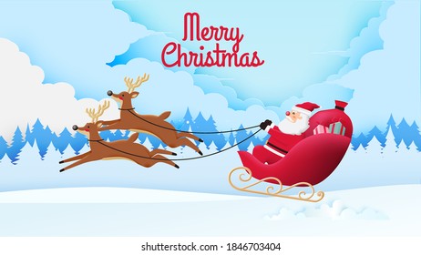Santa claus on the sleigh with beautiful sky in paper art and pastel schenme