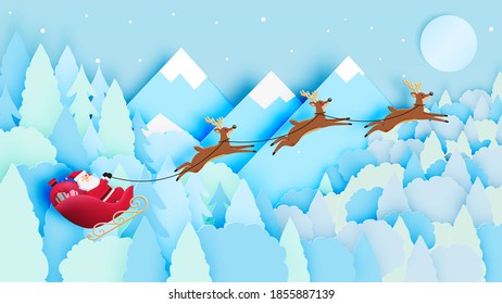 Santa claus on the sleigh with beautiful sky in paper art and pastel schenme