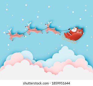Santa claus on the sleigh with beautiful sky in paper art and pastel schenme