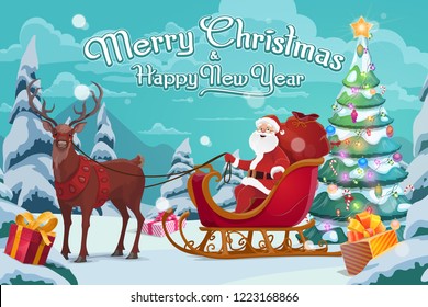 Santa Claus on sleigh, Christmas gifts and polar deer in harness. Vector decorated Xmas tree, boxes with bows, winter holiday celebration. Forest and fairy character delivering presents, wild animal