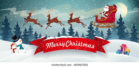 Santa Claus on sleigh with Christmas gifts bag and polar deer in harness.  Snowmen and gift boxes in the snow amid the winter forest. Winter holiday celebrations vector background.