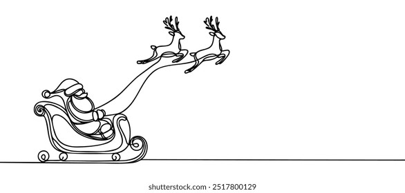 Santa Claus on a sleigh with Christmas reindeer in harness one line art. Continuous line drawing