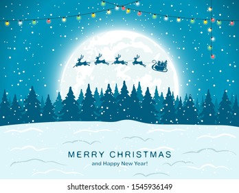 Santa Claus on a sleigh with deer flying over the forest. Lettering Merry Christmas and Happy New Year on blue snowy background. Illustration can be used for holiday design, cards and banners.