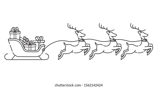 Santa Claus en un trineo con ilustración vectorial de contorno de ciervo aislada en fondo blanco. El Papá Noel de Navidad en un moderno diseño plano. Icono vectorial Santa Claus diseño moderno y simple.