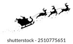 Santa Claus on sleigh flying sky with reindeers black vector silhouette on white background. illustration design for winter holiday decoration, Christmas greeting card and Happy new year.