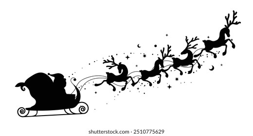Santa Claus on sleigh flying sky with reindeers black vector silhouette on white background. illustration design for winter holiday decoration, Christmas greeting card and Happy new year.