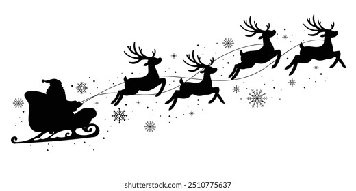 Weihnachtsmann auf Schlitten fliegender Himmel mit Rentieren schwarze Vektorsilhouette auf weißem Hintergrund. Illustrationsdesign für Winterferiendekoration, Weihnachtsgrußkarte und Frohes neues Jahr.