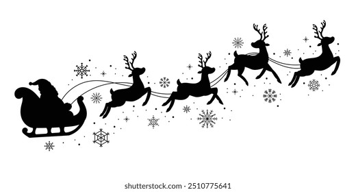 Santa Claus on sleigh flying sky with reindeers black vector silhouette on white background. illustration design for winter holiday decoration, Christmas greeting card and Happy new year.