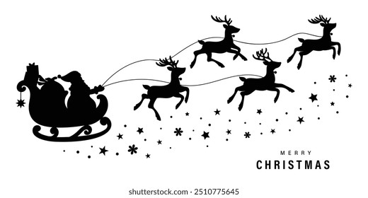 Papai Noel no céu voador de trenó com renas silhueta vetor preto sobre fundo branco. design de ilustração para decoração de férias de inverno, cartão de saudação de Natal e feliz ano novo.