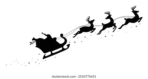 Santa Claus on sleigh flying sky with reindeers black vector silhouette on white background. illustration design for winter holiday decoration, Christmas greeting card and Happy new year.