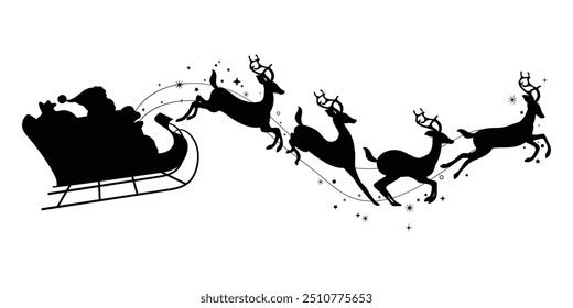 Santa Claus on sleigh flying sky with reindeers black vector silhouette on white background. illustration design for winter holiday decoration, Christmas greeting card and Happy new year.