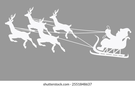 Santa Claus on a sleigh flying in the sky drawn with reindeer black vector silhouette. Suitable for winter holiday decorations, Christmas greeting cards and Happy New Year.