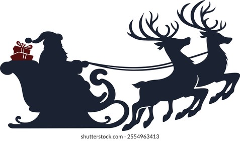 Santa Claus on sleigh flying sky with reindeers black vector silhouette on transparent background