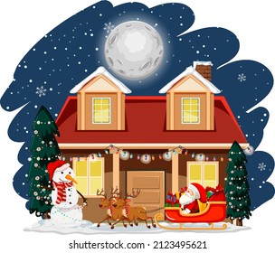 Santa Claus on sleigh in front of house at night scene illustration