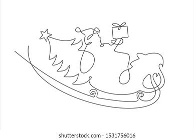 Santa claus on sleigh full of gifts one line art. Line illustration. Minimalist print. Black and white.. Happy new year decoration. Merry christmas holiday. New year and xmas.