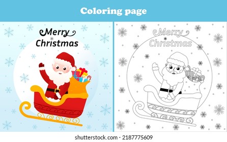 Santa Claus on sleigh full of gifts coloring page for kids, printable worksheet for children activity book