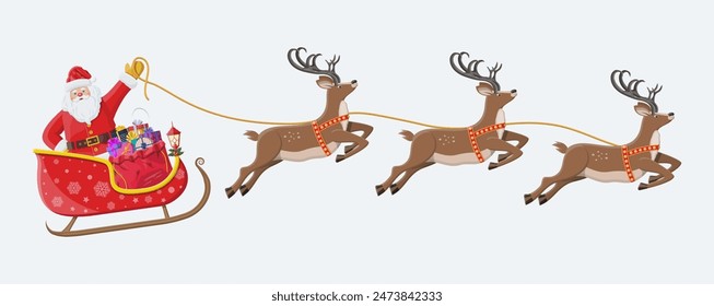 Santa claus on sleigh full of gifts and his reindeers. Happy new year decoration. Merry christmas holiday. New year and xmas celebration. Vector illustration in flat style