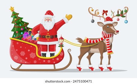 Santa claus on sleigh full of gifts, christmas tree and his reindeer. Happy new year decoration. Merry christmas holiday. New year and xmas celebration. Vector illustration in flat style