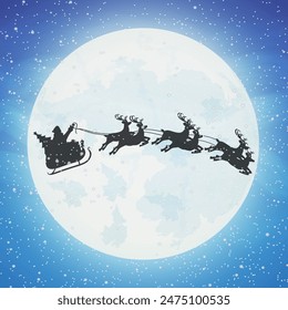 Santa claus on sleigh full of gifts and his reindeers with moon in sky. Happy new year decoration. Merry christmas holiday. New year and xmas celebration. Vector illustration