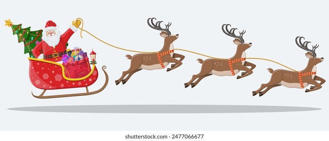 Santa claus on sleigh full of gifts, christmas tree and his reindeers. Happy new year decoration. Merry christmas holiday. New year and xmas celebration. Vector illustration in flat style