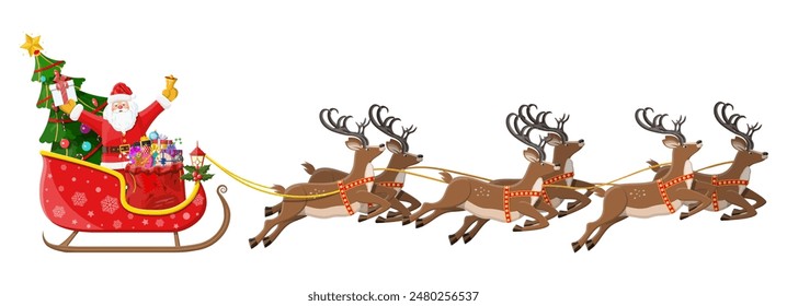 Santa claus on sleigh full of gifts, christmas tree and his reindeers. Happy new year decoration. Merry christmas holiday. New year and xmas celebration. Vector illustration in flat style