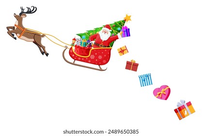 Santa claus on sleigh full of gifts and his reindeer. Santa drops christmas presents. Happy new year decoration. Merry christmas holiday. New year and xmas celebration. Flat vector illustration