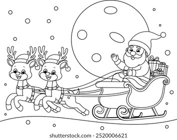 Papai Noel no trenó cheio de presentes e renas desenhos animados coloração página. Ilustração de Natal e inverno 