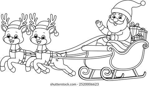 Santa claus on sleigh full of gifts and reindeers cartoon coloring page. Christmas and Winter Illustration 