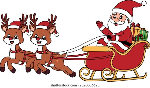 Santa claus on sleigh full of gifts and reindeers cartoon. Christmas and Winter Illustration 