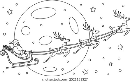 Santa claus on sleigh full of gifts and reindeers cartoon coloring page. Christmas and Winter Illustration 