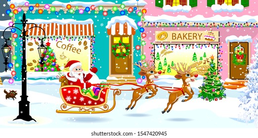 Santa Claus on a sleigh with gifts on a city street. Santa and deer. Christmas decorations on homes. Snow and snowflakes.                                         