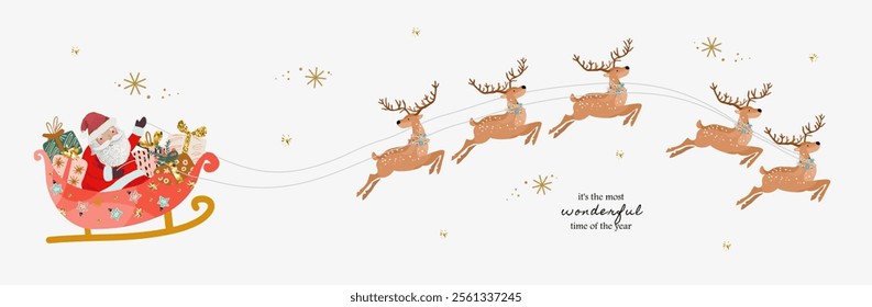 Santa Claus on a sleigh with gifts in a harness with reindeer. Vector illustration for a greeting, postcard, greeting card or banner with Christmas and New Year. Deers. 2025