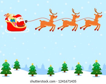 Santa Claus on sleigh and his reindeers. winter landscape. Christmas card. Vector illustration flat style.