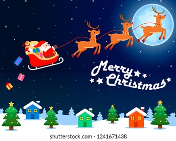 Santa Claus on sleigh and his reindeers. Winter town. Urban winter landscape. Christmas card. Vector illustration flat style.