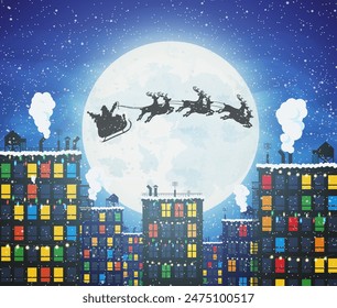 Santa claus on sleigh and his reindeers with moon in sky. Houses in snowfall. Happy new year decoration. Merry christmas holiday. New year and xmas celebration. Vector illustration