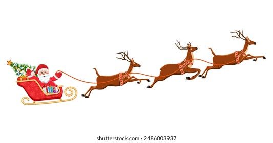 Santa Claus on Sleigh and His Reindeers Isolated on White Background. vector illustration