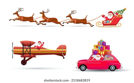 Santa Claus on Sleigh and His Reindeers, car with giftbox, airplane Isolated on White Background. vector illustration