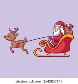 Santa Claus on Sleigh and His Reindeers hand drawn illustration