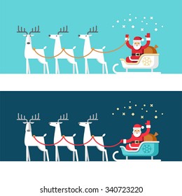 Santa Claus on sleigh and his reindeers. Christmas card. Vector illustration, flat style.