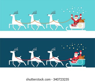 Santa Claus on sleigh and his reindeers. Christmas card. Vector illustration, flat style.